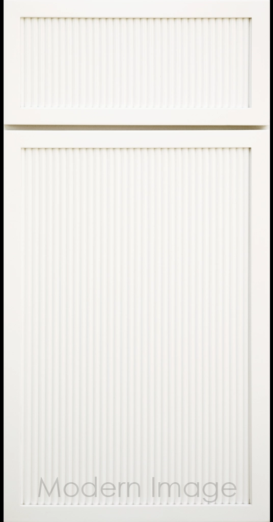 Dove White Arcadia Reed Cabinet Door featuring a Narrow Frame and Slim Fluted Center Panel.
